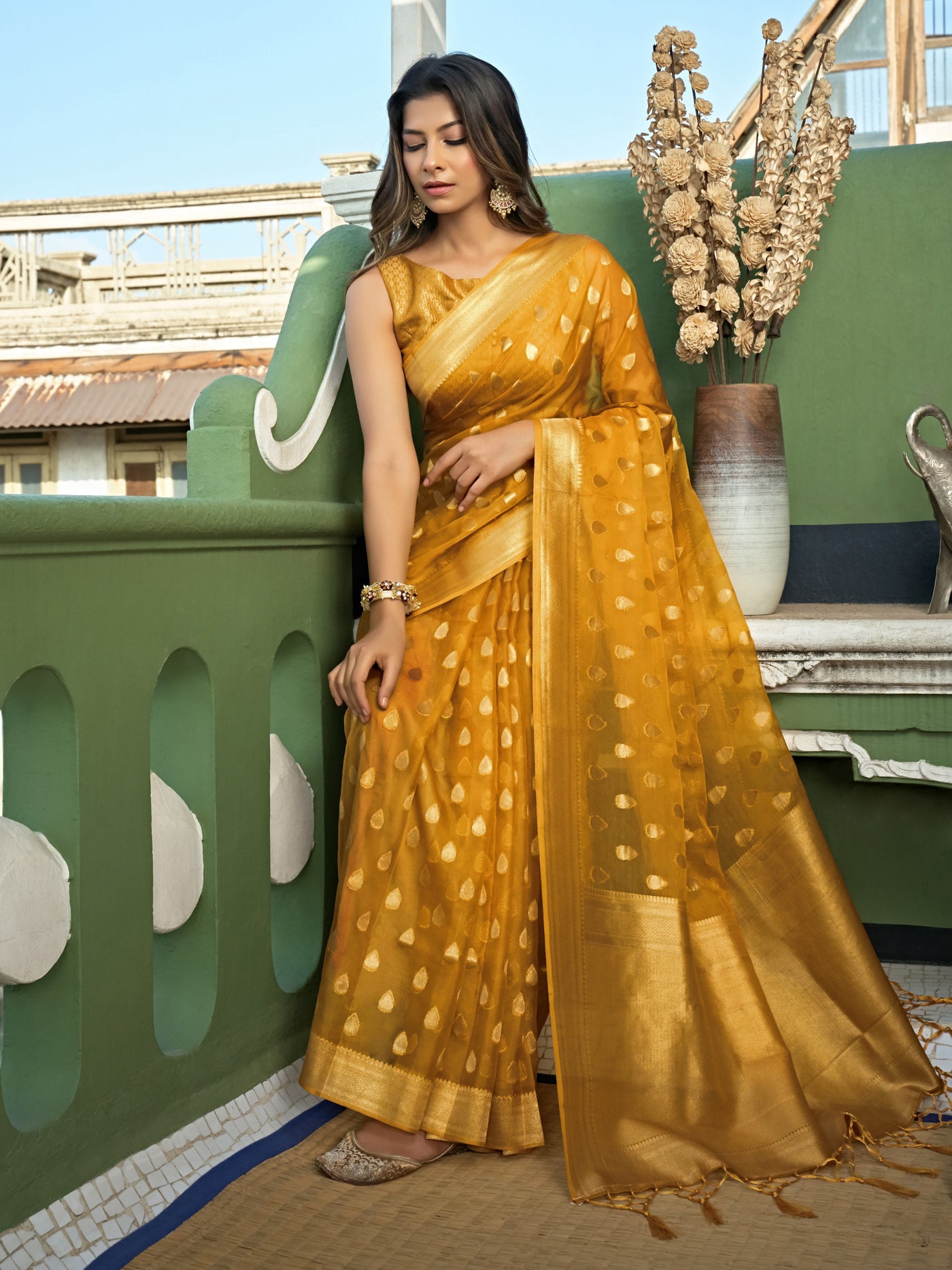 Amber Yellow Golden Zari Banarasi Organza Saree