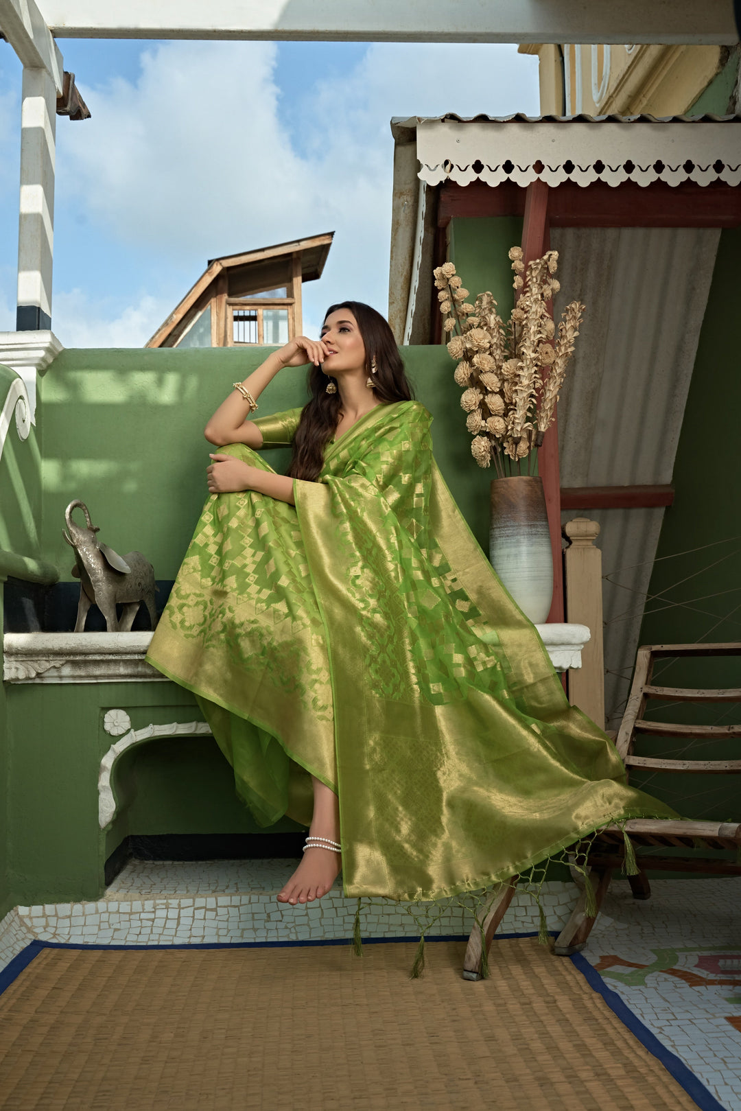 Lime Green Golden Zari Banarasi Organza Saree