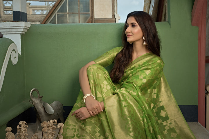 Lime Green Golden Zari Banarasi Organza Saree