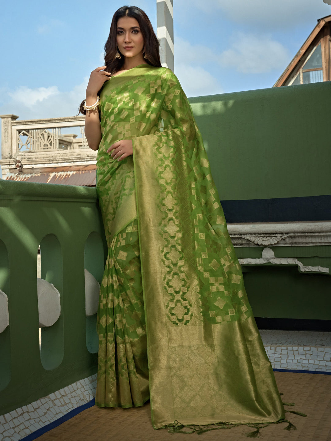 Lime Green Golden Zari Banarasi Organza Saree