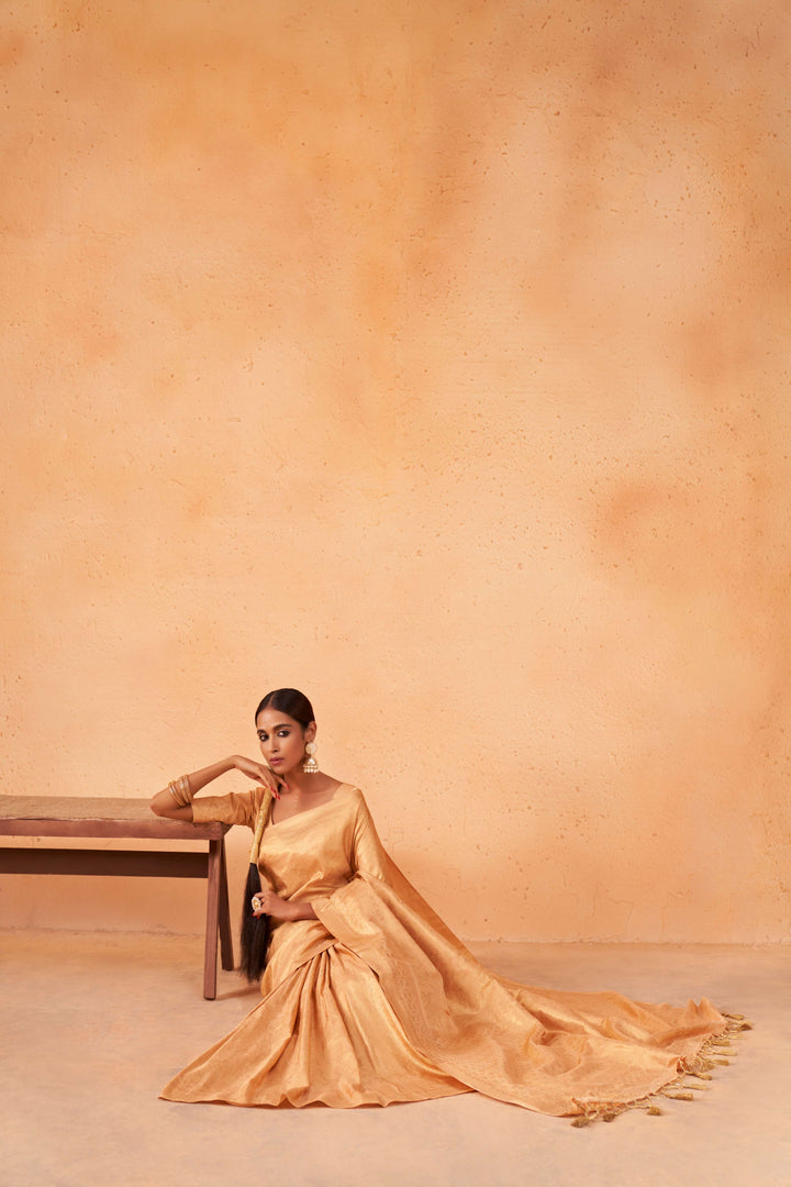 Golden Glow Gold Zari Kanjeevaram Silk Saree for Mehendi Function | House of Vardha