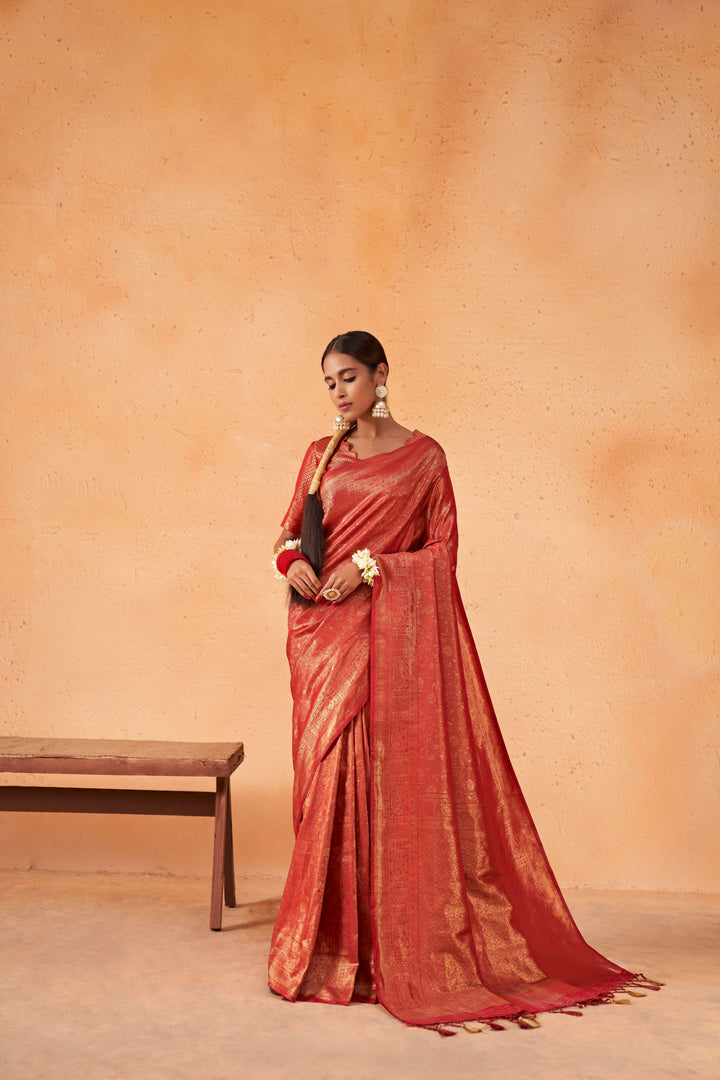 Ruby Red Gold Zari Kanjivaram Silk Saree
