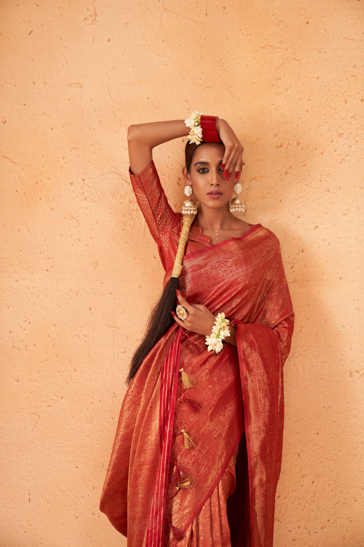 Ruby Red Gold Zari Kanjivaram Silk Saree
