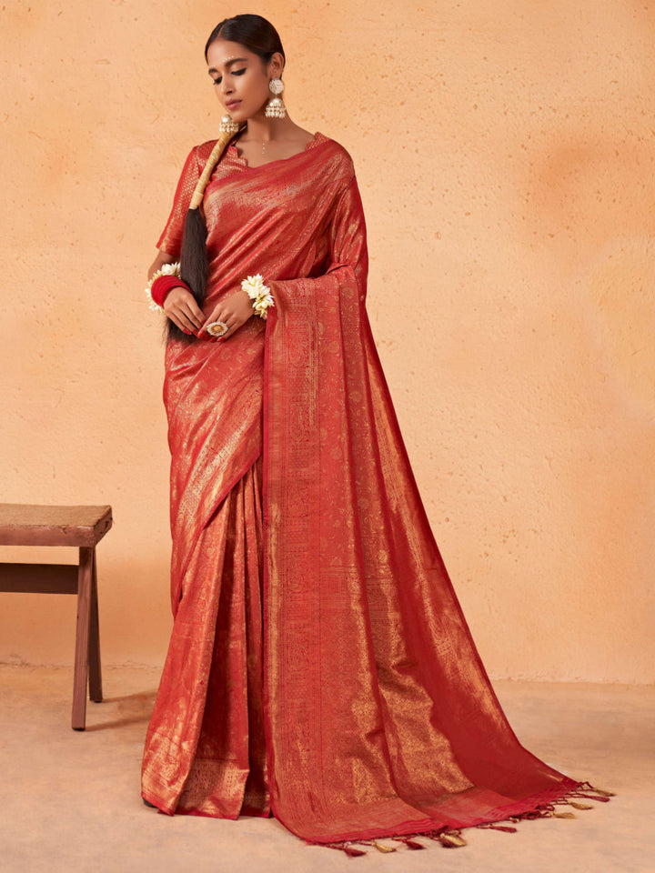 Ruby Red Gold Zari Kanjivaram Silk Saree
