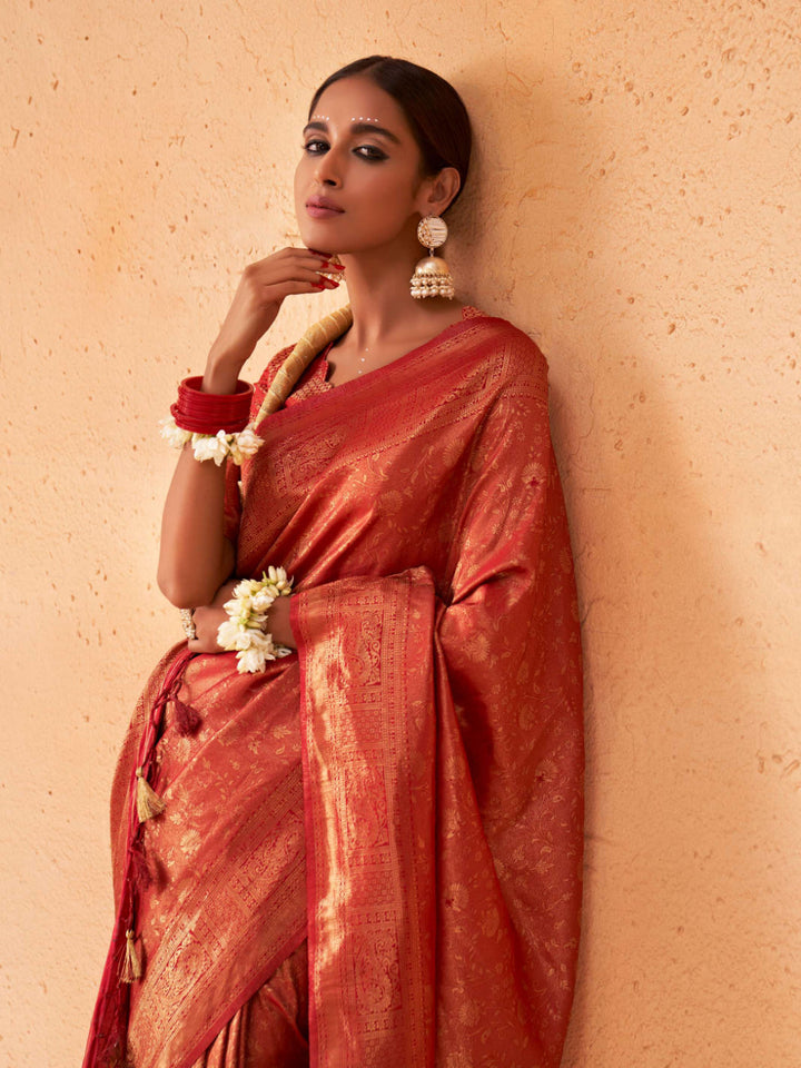 Ruby Red Gold Zari Kanjivaram Silk Saree