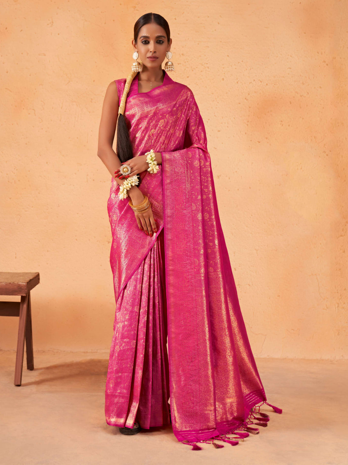 Wild Strawberry Pink Gold Zari Kanjeevaram Silk Saree – House of Vardha