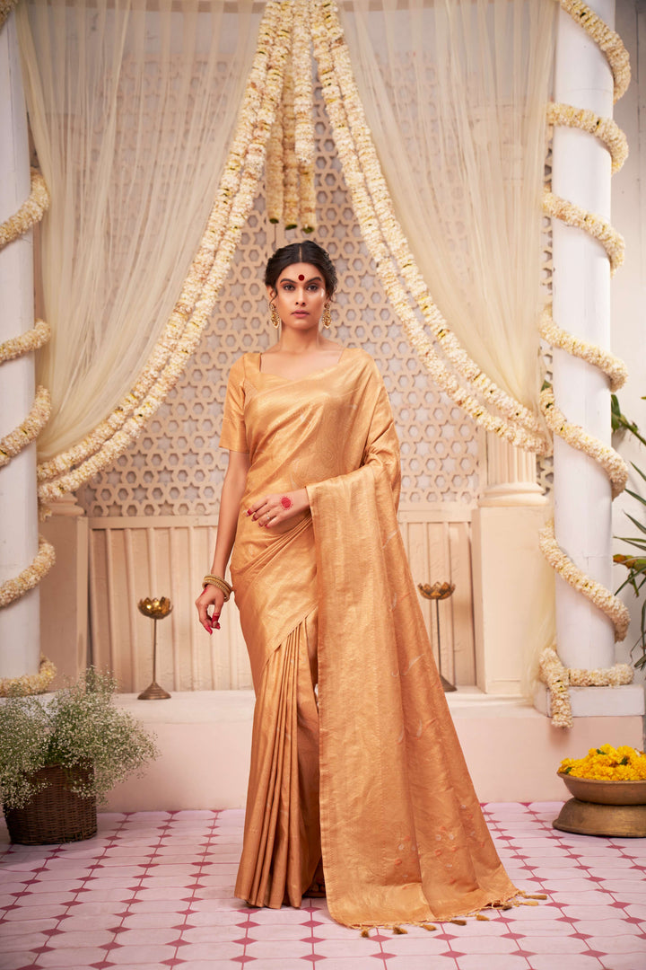 Marzipan Beige Gold with Copper Silver Zari Kanjivaram Silk Saree