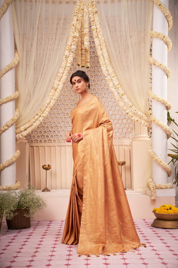 Marzipan Beige Gold with Copper Silver Zari Kanjivaram Silk Saree