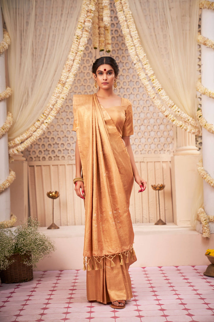 Marzipan Beige Gold with Copper Silver Zari Kanjivaram Silk Saree