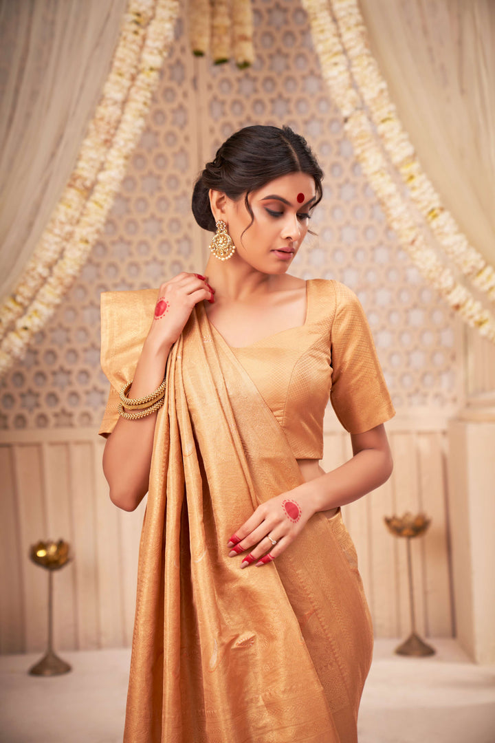 Marzipan Beige Gold with Copper Silver Zari Kanjivaram Silk Saree