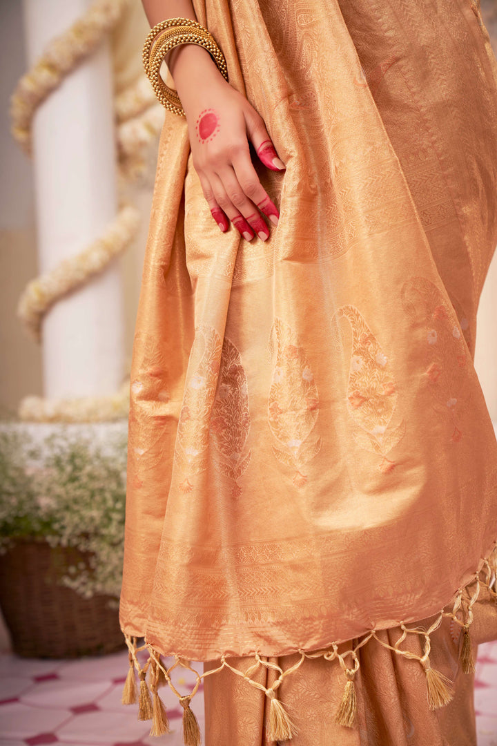 Marzipan Beige Gold with Copper Silver Zari Kanjivaram Silk Saree