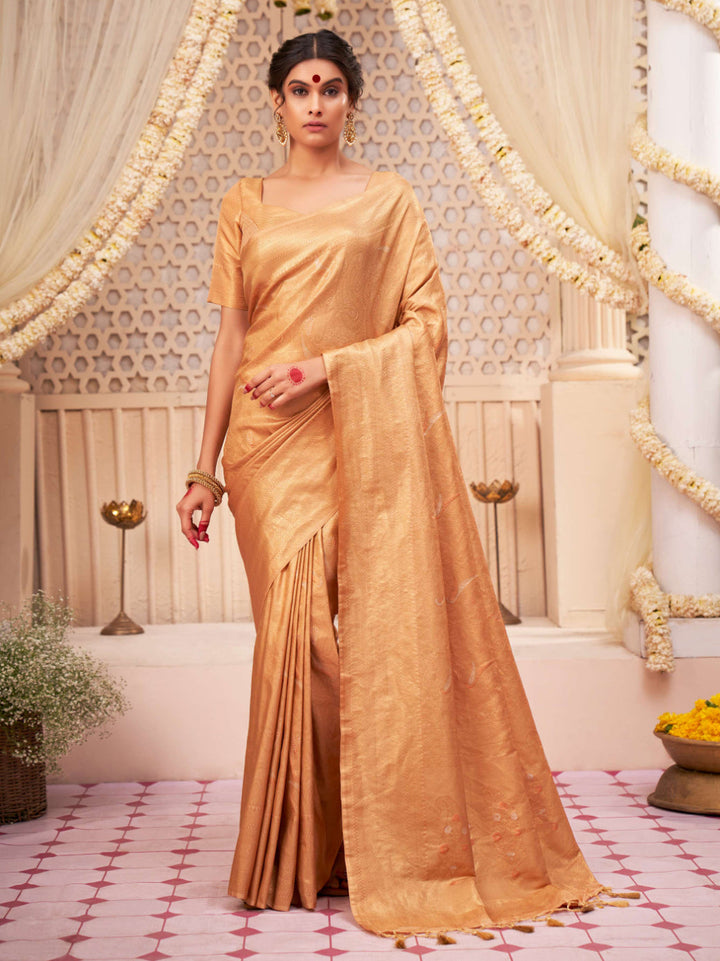 Marzipan Beige Gold with Copper Silver Zari Kanjivaram Silk Saree