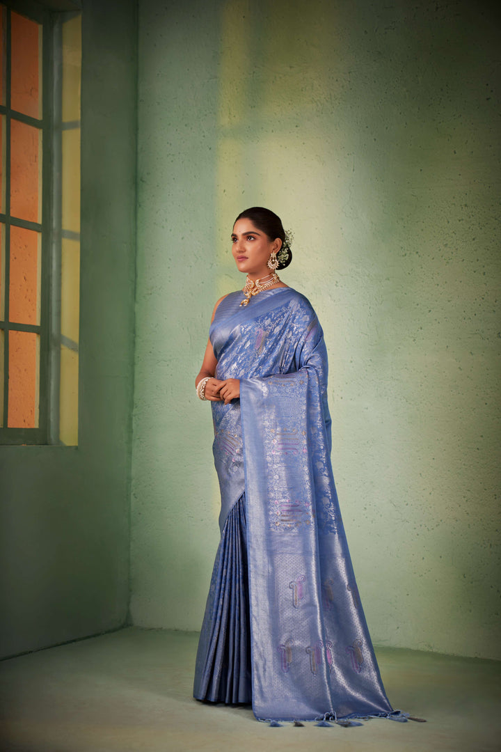 Cornflower Blue Silver with Gold Pink Zari Kanjivaram Silk Saree