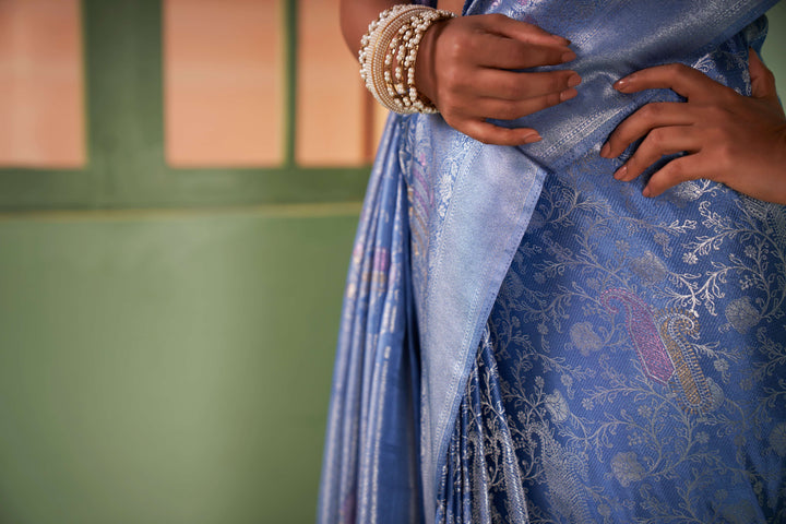 Cornflower Blue Silver with Gold Pink Zari Kanjivaram Silk Saree