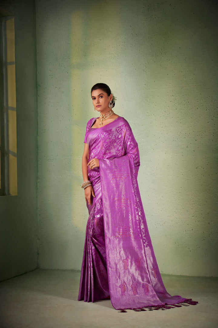 Pizza Edge Purple Silver with Gold Pink Zari Kanjivaram Silk Saree