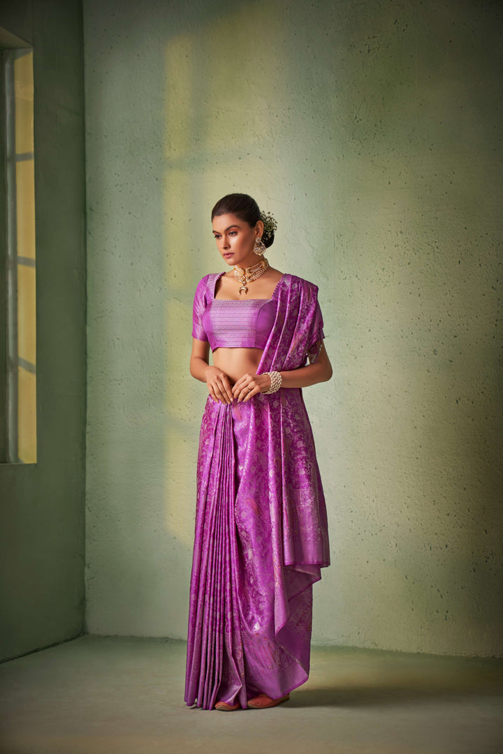 Pizza Edge Purple Silver with Gold Pink Zari Kanjivaram Silk Saree