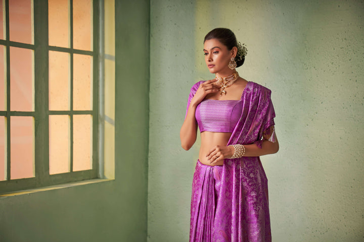 Pizza Edge Purple Silver with Gold Pink Zari Kanjivaram Silk Saree