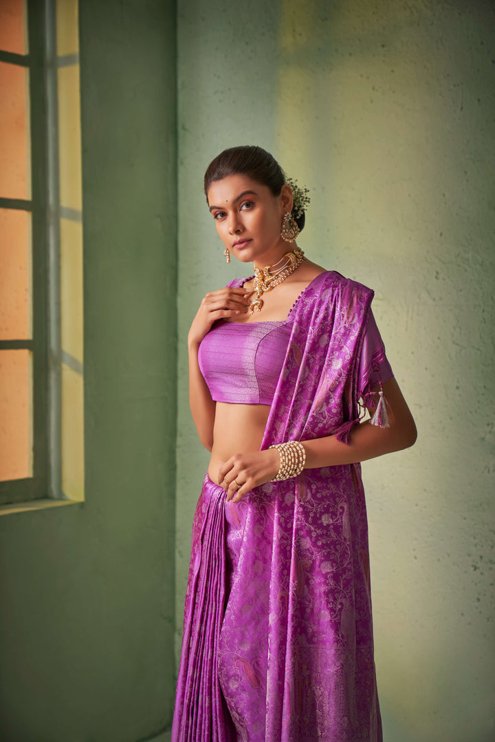 Pizza Edge Purple Silver with Gold Pink Zari Kanjivaram Silk Saree