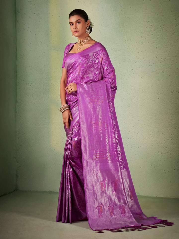 Pizza Edge Purple Silver with Gold Pink Zari Kanjivaram Silk Saree