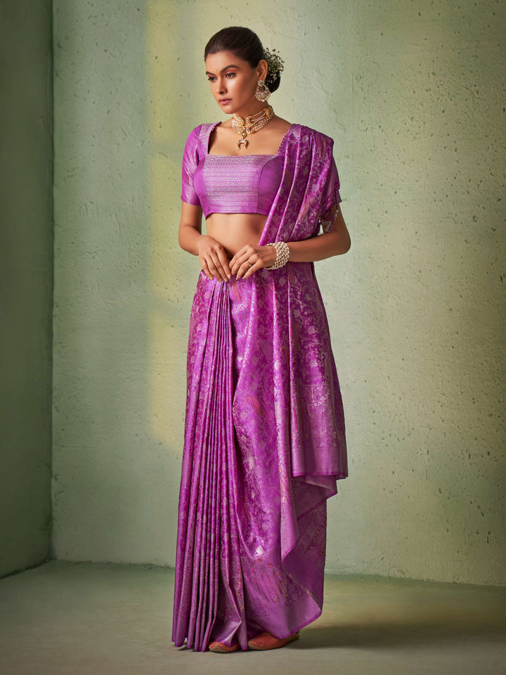 Pizza Edge Purple Silver with Gold Pink Zari Kanjivaram Silk Saree