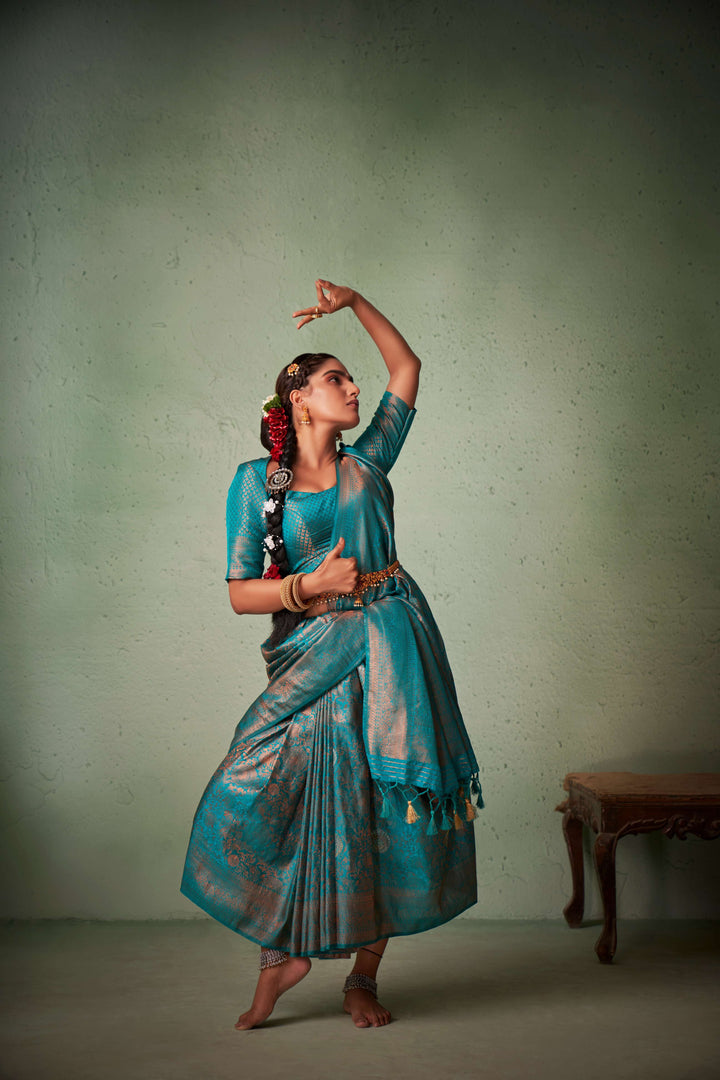 Turquoise Blue Copper Zari Kanjivaram Silk Saree