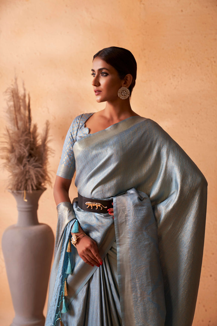 Light Blue Gold Zari Kanjivaram Silk Saree