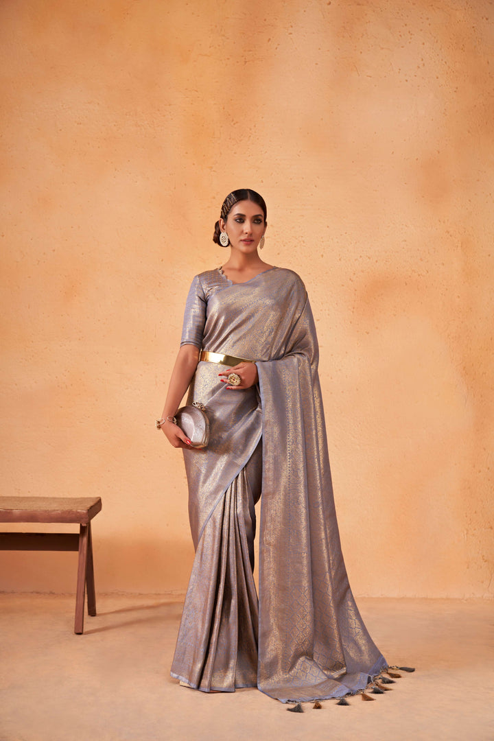 Purple Grey Gold Zari Kanjivaram Silk Saree