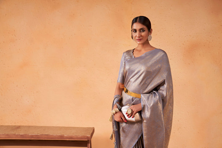 Purple Grey Gold Zari Kanjivaram Silk Saree
