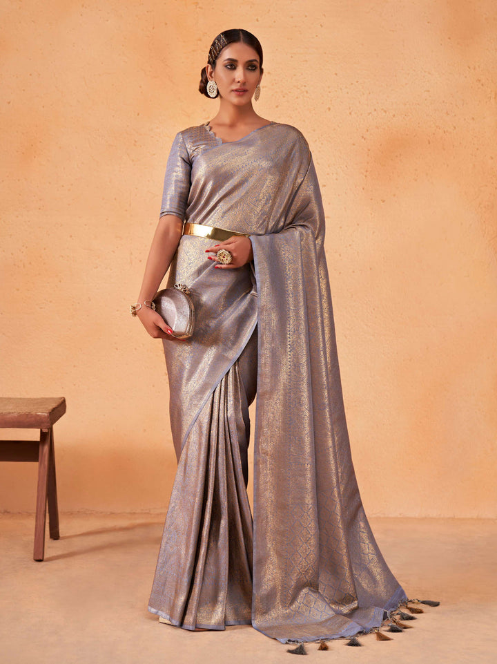 Purple Grey Gold Zari Kanjivaram Silk Saree