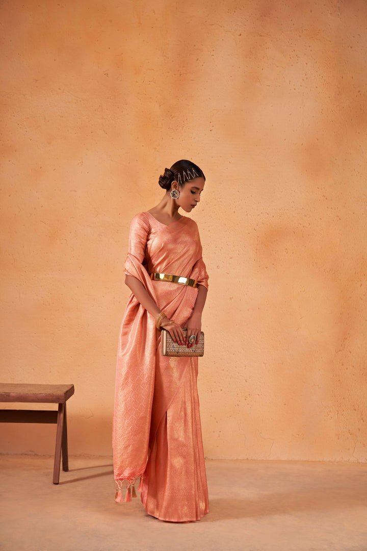 Salmon Orange Gold Zari Kanjivaram Silk Saree