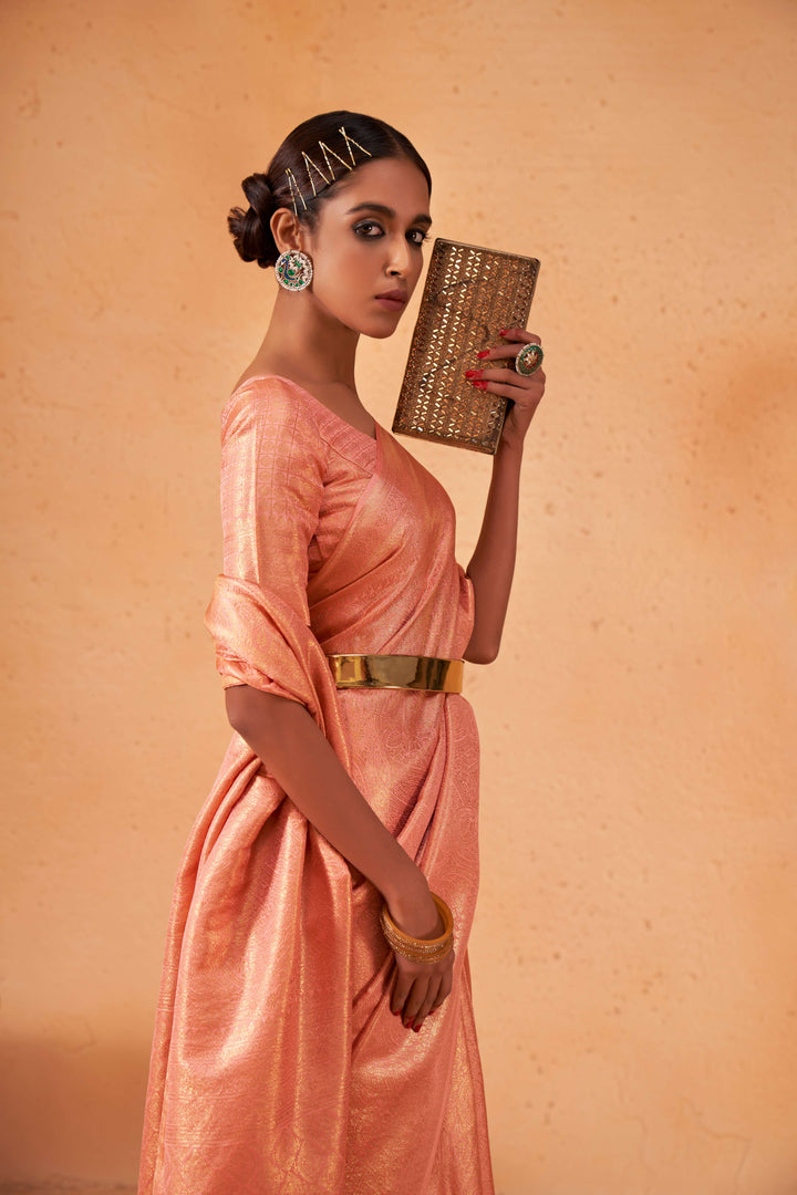 Salmon Orange Gold Zari Kanjivaram Silk Saree
