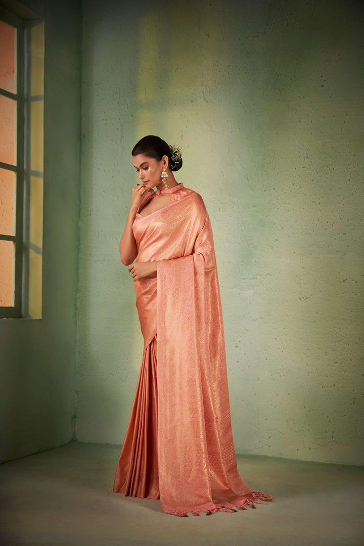Cherry Pink Gold Zari Kanjivaram Silk Saree