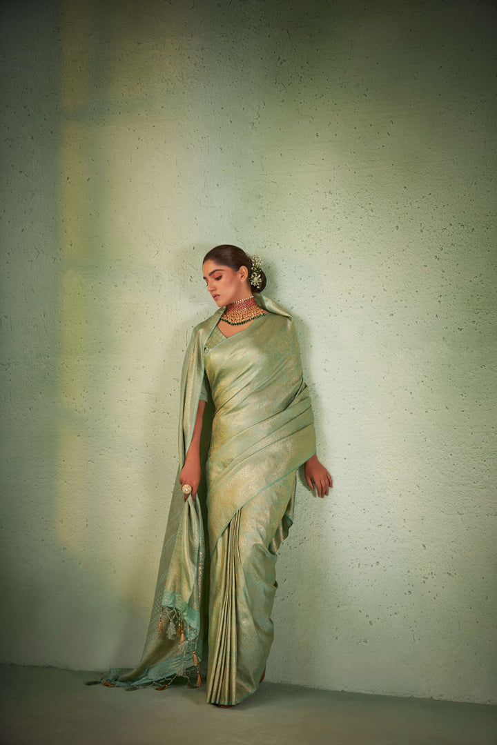 Moss Green Gold Zari Kanjivaram Silk Saree