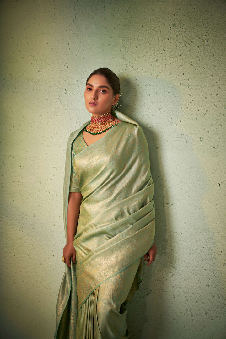 Moss Green Gold Zari Kanjivaram Silk Saree
