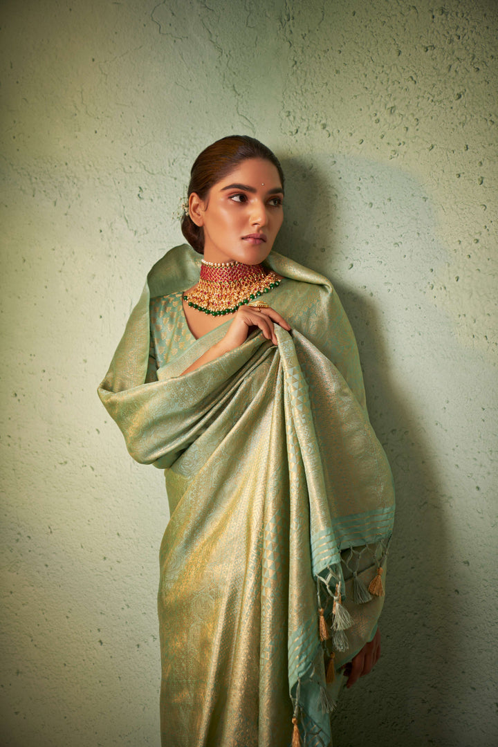 Moss Green Gold Zari Kanjivaram Silk Saree