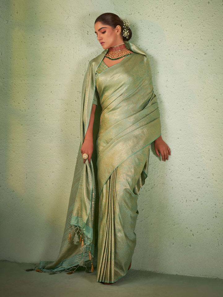 Moss Green Gold Zari Kanjivaram Silk Saree