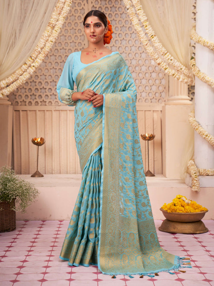 Light Blue Gold Zari Banarasi Khaddi Georgette Saree | House of Vardha
