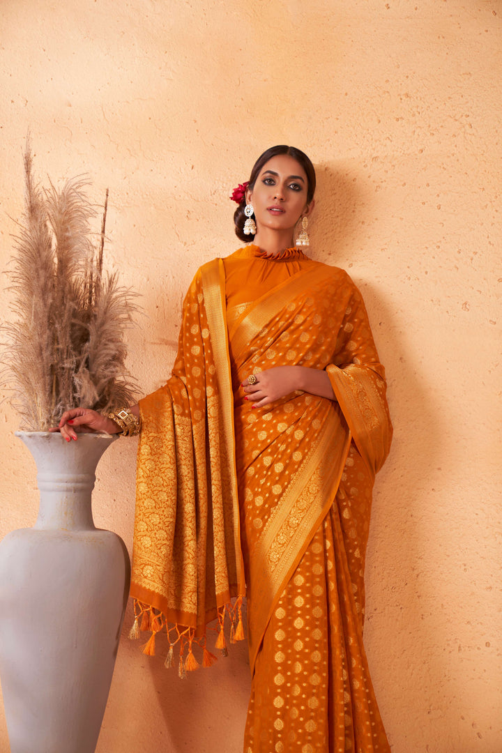 Mustard Yellow Gold Zari Khaddi Banarasi Georgette Saree | House of Vardha