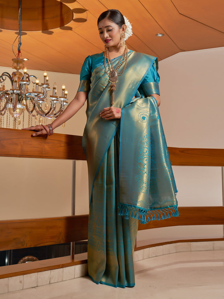 Model draped in Cobalt Blue Golden Zari Kanjeevaram Saree, showcasing full front view and rich pallu design.