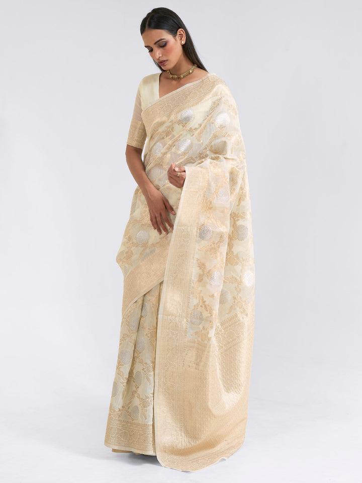 Ivory  White Linen Linen Saree
