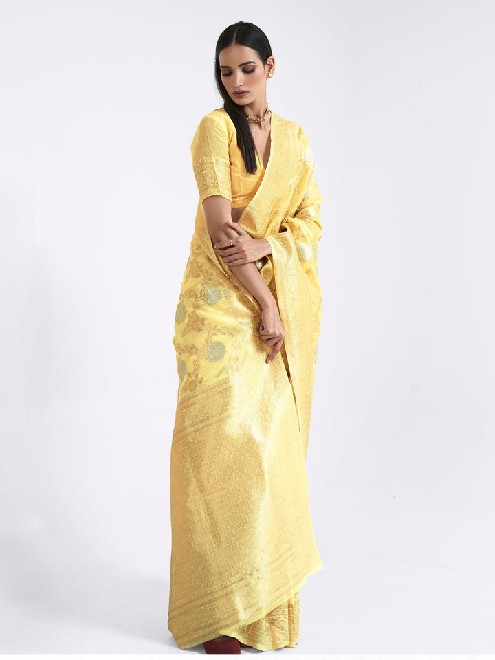 Flax  Yellow Linen Linen Saree