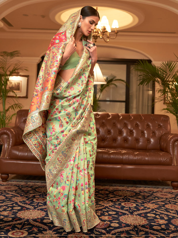 Moss Green Pashmina Linen Saree