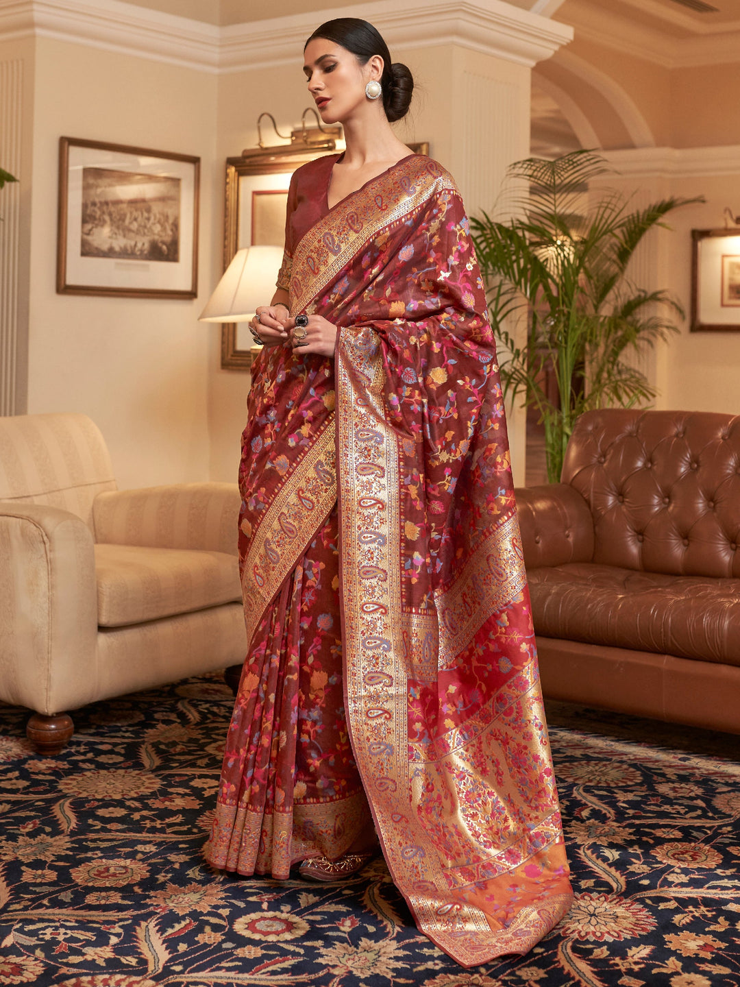Rosewood  Maroon Pashmina Linen Saree