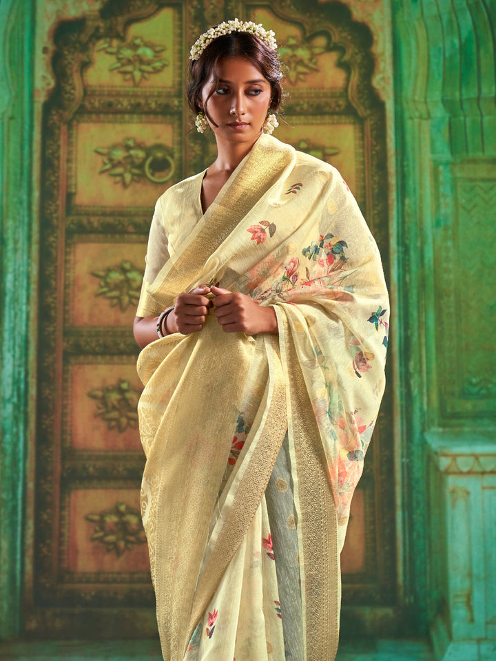 Light Yellow Print Linen Saree