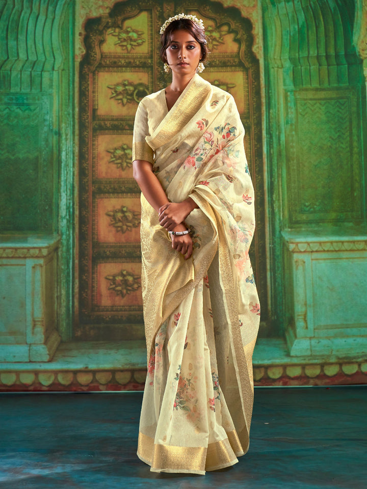 Light Yellow Print Linen Saree