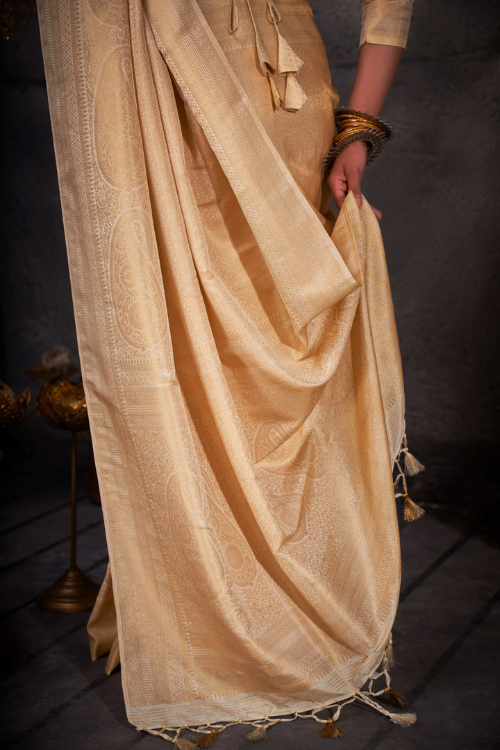 Detailed shot highlighting the contrast between the soft silk and shimmering zari patterns.