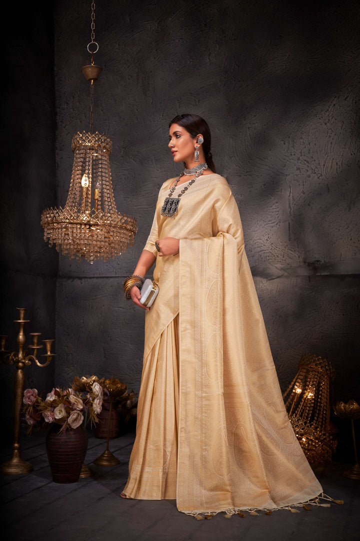 Side view showing the graceful fall and luster of the off-white silk blend.