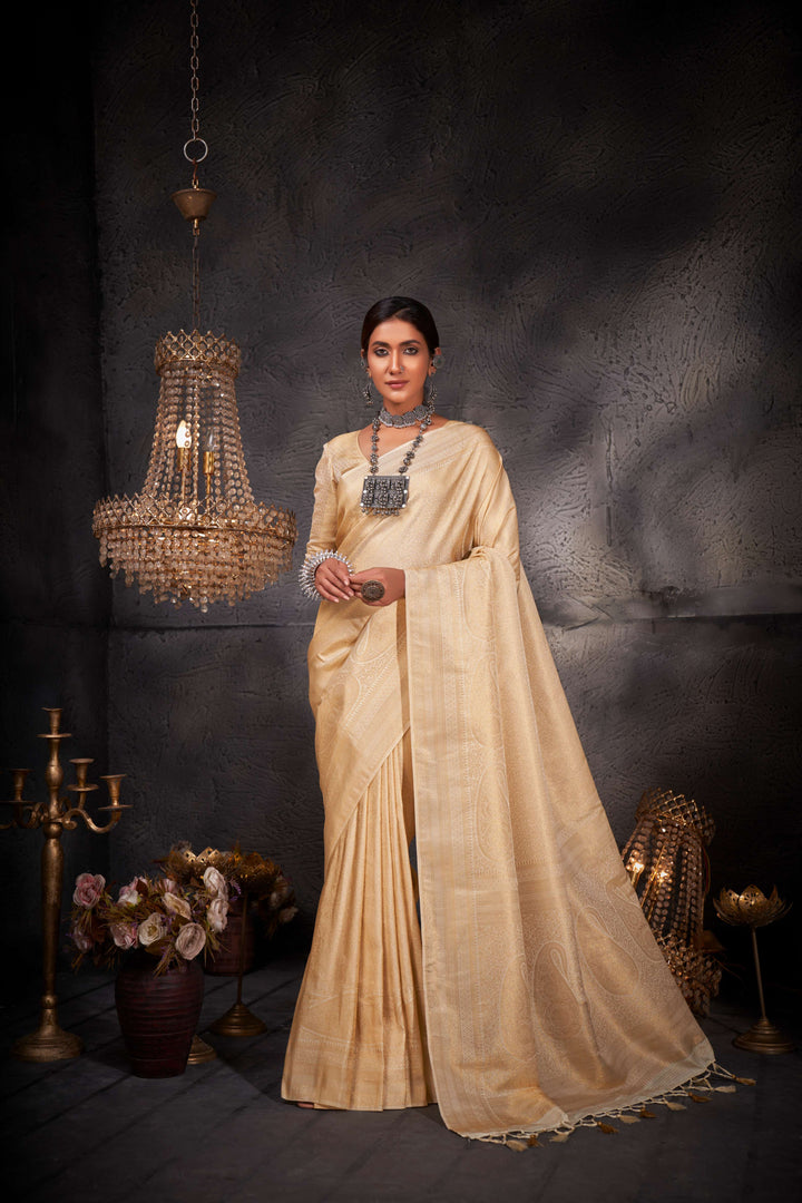 Model showcasing the length and intricacy of the zari-decorated pallu.