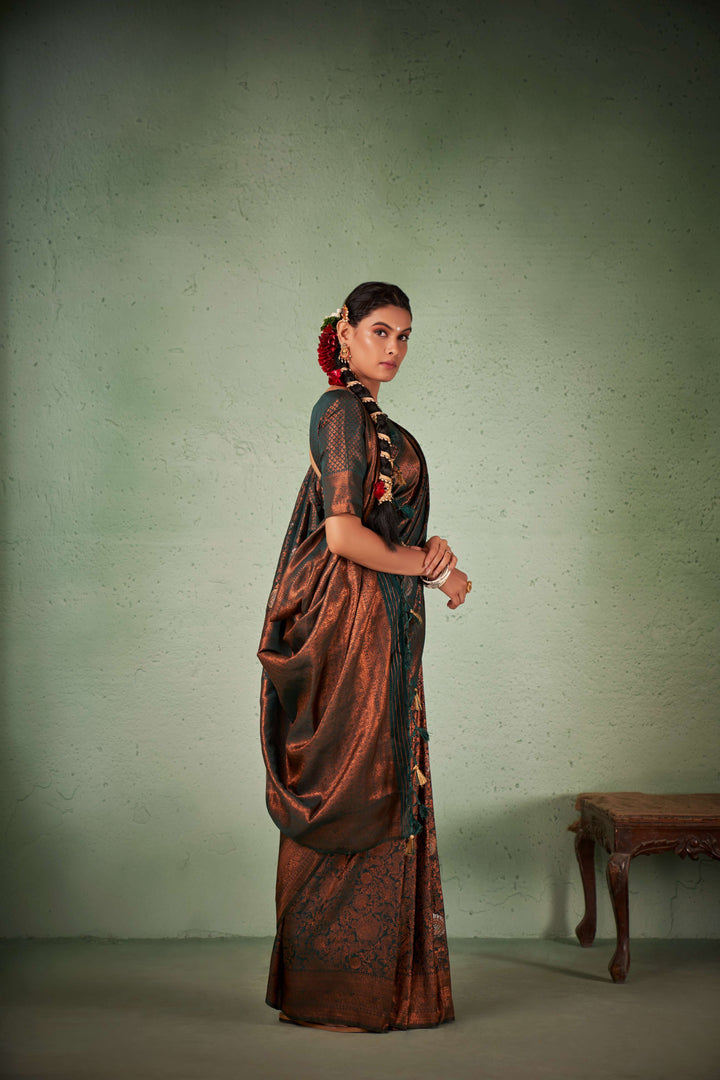 Back profile highlighting the fall and drape of the saree.