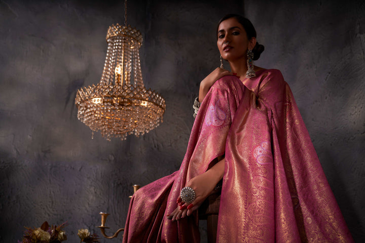 Traditional styling with silver jewelry and festive backdrop.